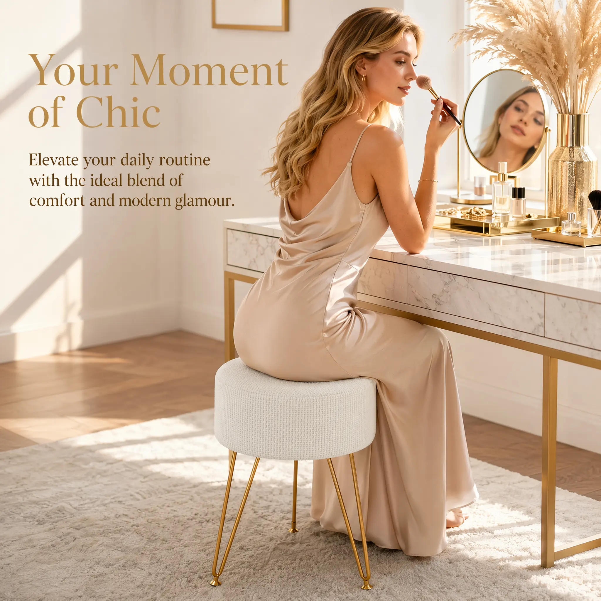 Velvet Upholstered Round Vanity Chair - Metal Legs, Soft Cushion Indoor Furniture Footrest Ottoman for Dressing Table, Bedroom Home Seating #SummerWins