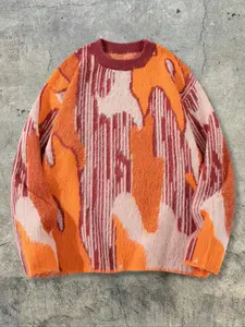 Unisex Fuzzy Casual College Style Commuter Streetwear Abstract Geometric Pattern Knit Crewneck Long Sleeve Pullover Sweater for Spring Fall Winter