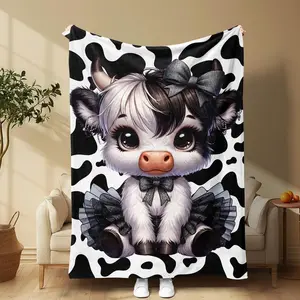 Cute Cow Pattemn Warm Nap Blanket, 1/2 CountsSoft Polyester Design Throw Blanket, Air-conditioned Room Blanket for Home & Office.Halloween Decor
