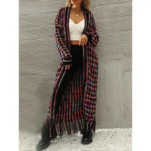 Plus Size Women's Casual Fashion Long Sweater Coat, Colorful Fringe Knit Wool Cardigan, Fall & Winter Loose Fit Outerwear