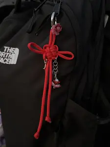 Botanical Red Floral Lotus Fortune Knot Keychain: Handmade Chinese Lucky Charm