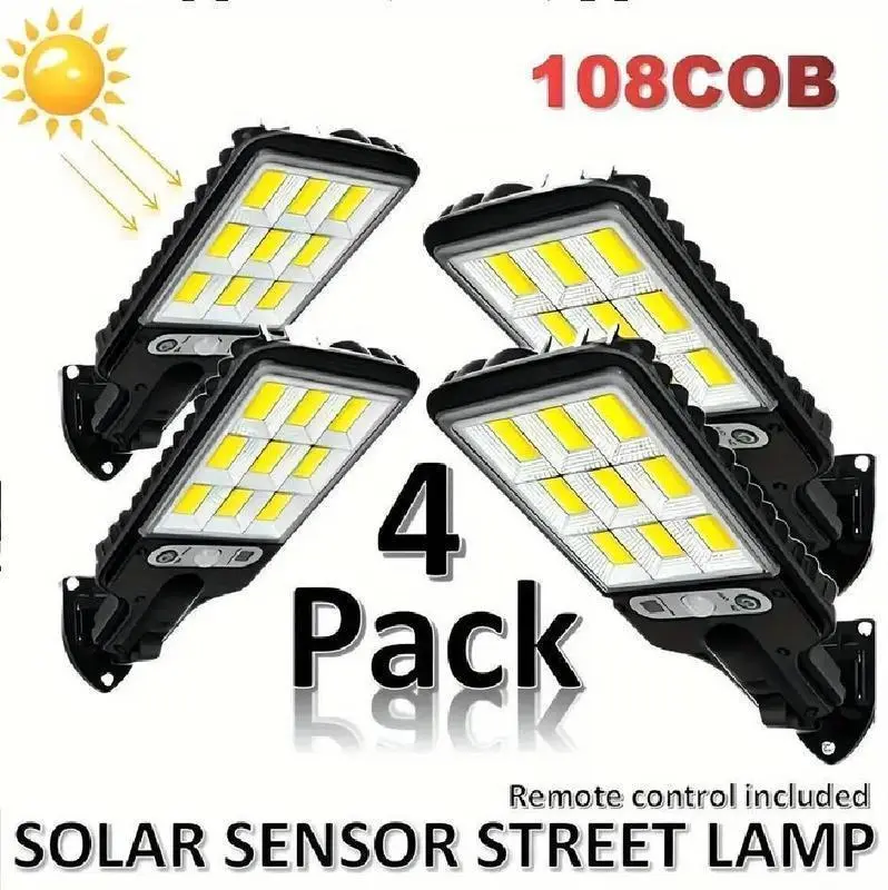 【SummerVibes】2/4-Pack ABS Plastic Solar Powered Motion Sensor Outdoor Wall Lights, 6000 Lumens 108COB LED, IP65 Waterproof, Remote Control Included, Durable Security Lamp for Garden, Home Outdoor Decor, 4 Pack, Outdoor Led Safety, Wall Lamp