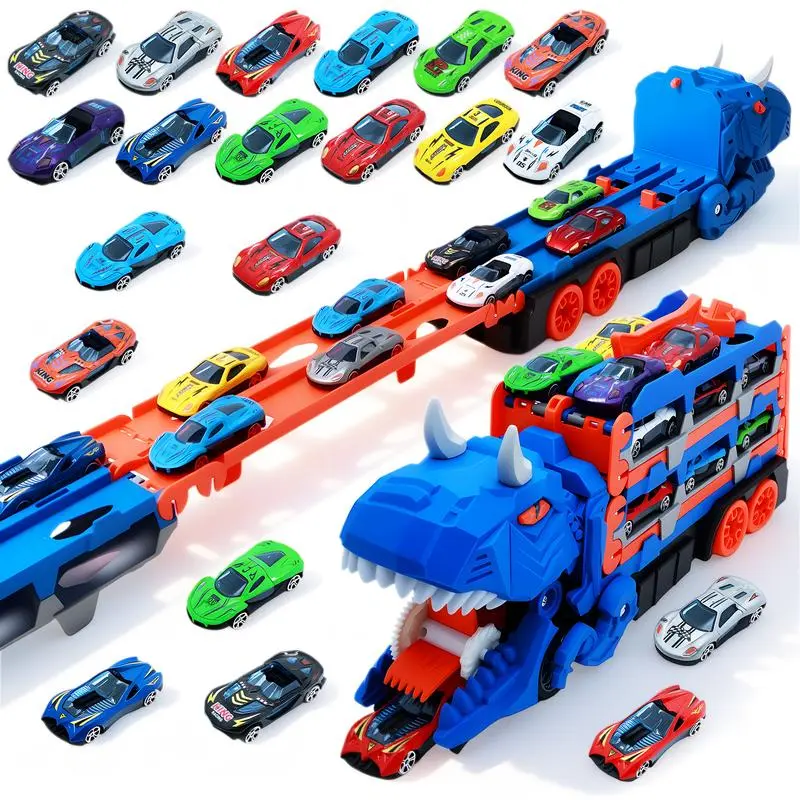 Blue Dinosaur Carnivore Transforming Metal Transport Truck Toy (JJ Toys) for 3-4 Years Toddlers, Includes 12 Alloy Die-Cast Cars, Converts to Dino Figure, All-Season Ideal Gift for Boys, Kids' Model Vehicle