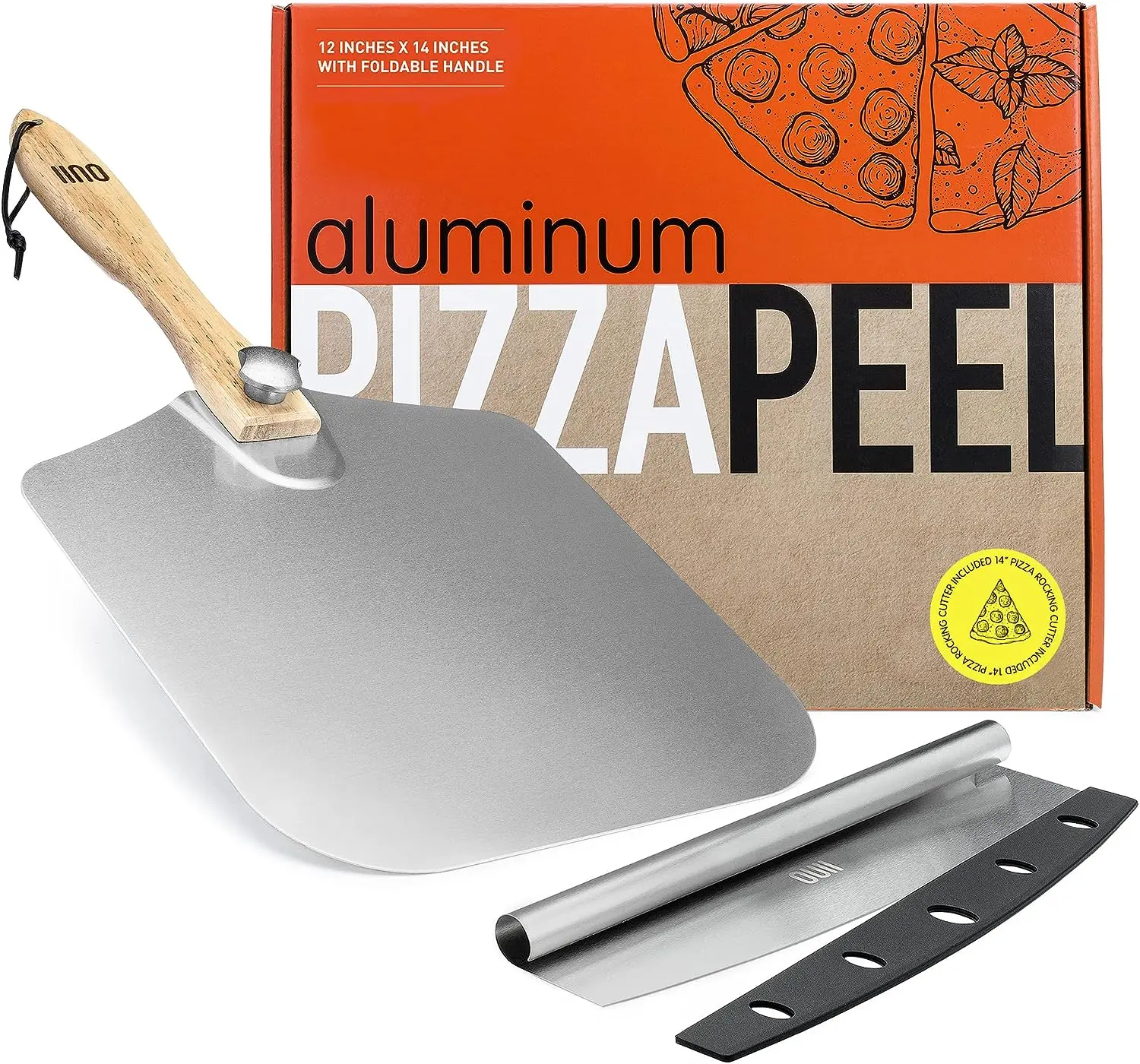OUII Pizza Peel - 12 x 14-inch Turning Peel, 14'' Cutter with Blade Cover - Pizza Spatula Paddle, Oven Accessories Compatible with Ooni, Blackstone