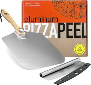 OUII Pizza Peel - 12 x 14-inch Turning Peel, 14'' Cutter with Blade Cover - Pizza Spatula Paddle, Oven Accessories Compatible with Ooni, Blackstone