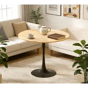 [Fahuac] 31.5" Round Modern Dining Table – Natural Wood MDF Top & Steel Tulip Base, Mid‑Century Coffee Table for Kitchen Living Room, Easy Clean