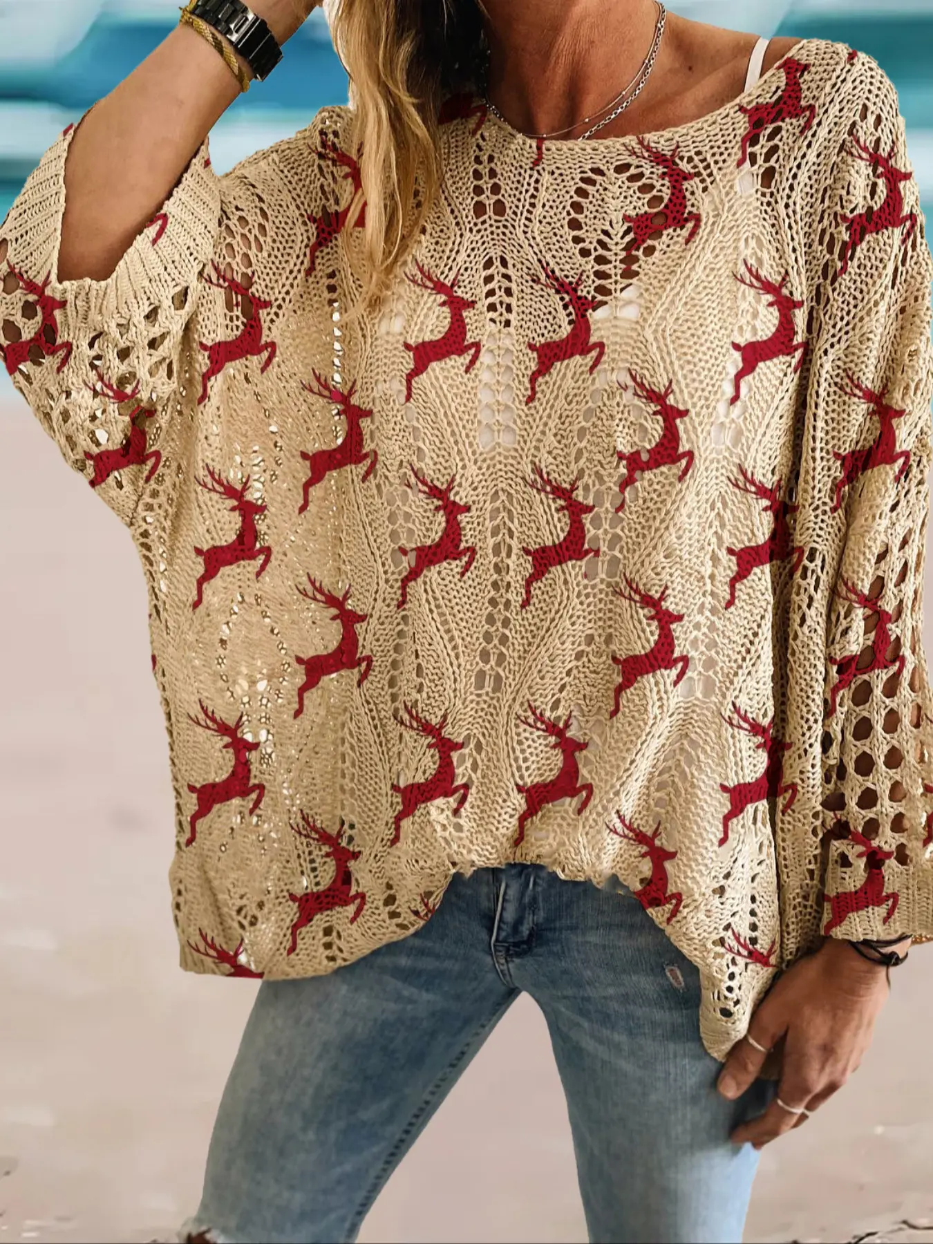 Women's Christmas Deer Print Long Sleeve Knit Top, Casual Elegant Holiday Style Sweater, Loose Batwing Shoulders, Fall & Winter Fashion