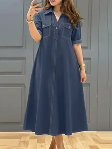 ZANZEA Women's Solid Color Casual Dress, Half Button Front, Denim Lapel, Reversible Sleeve Ends, Pockets, Contrast Stitching, Suitable for Daily Commuting