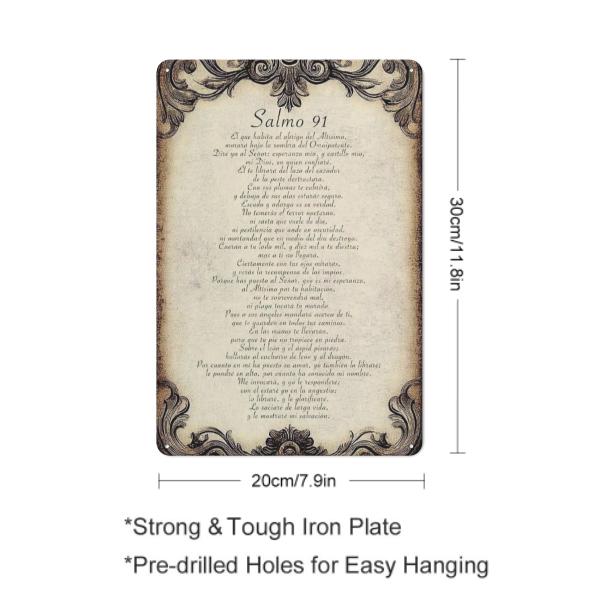1pc 12x8inch Aluminum 2D flat Decorative Sign & Plague Vintage Psalm 91  Wall Sign, in - Spanish Inspirational Religious Decor with Ornate Frame, Home Prayer Room & Holiday Celebrations ('s Day//Easter/Valentine's), In 8X12Inch/20X30Cm