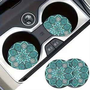 2pcs Green Mandala Flower Car Cup Coasters - Heat-Resistant, Durable EVA Material, Stylish Black & Teal Design, Perfect for Car Interior Accessories, Heat Insulation Coasters | Mandala Pattern | Decorative Coaster, Car Cup Holder