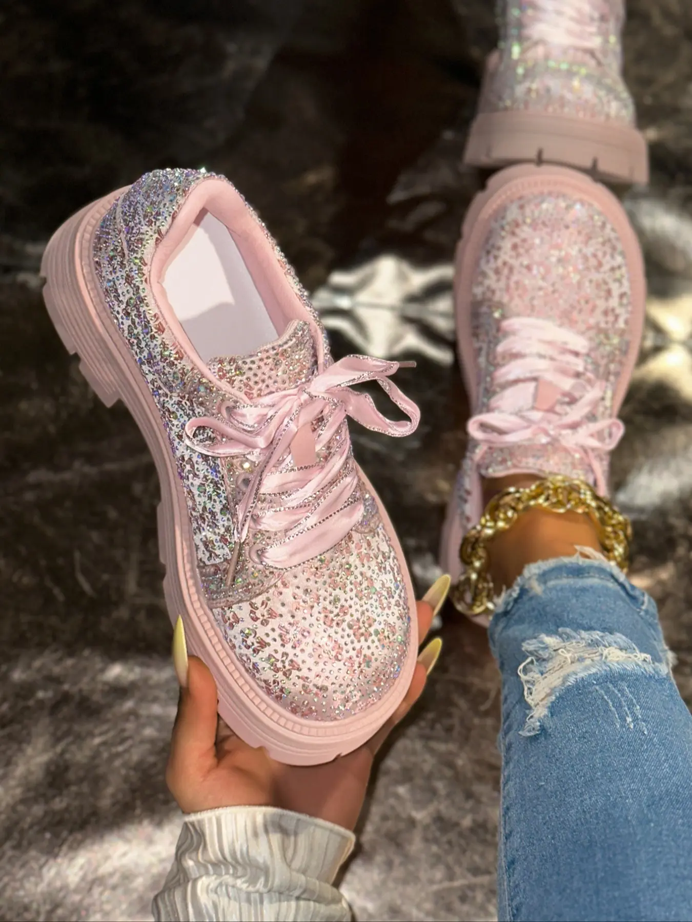 Women's Fashion Low Top Casual Shoes, Sparkling Rhinestone Sports Sneakers, Wide Fit, Round Toe, All Seasons, Textile Upper, Eva Sole, Rhinestone Embellished Sneakers
