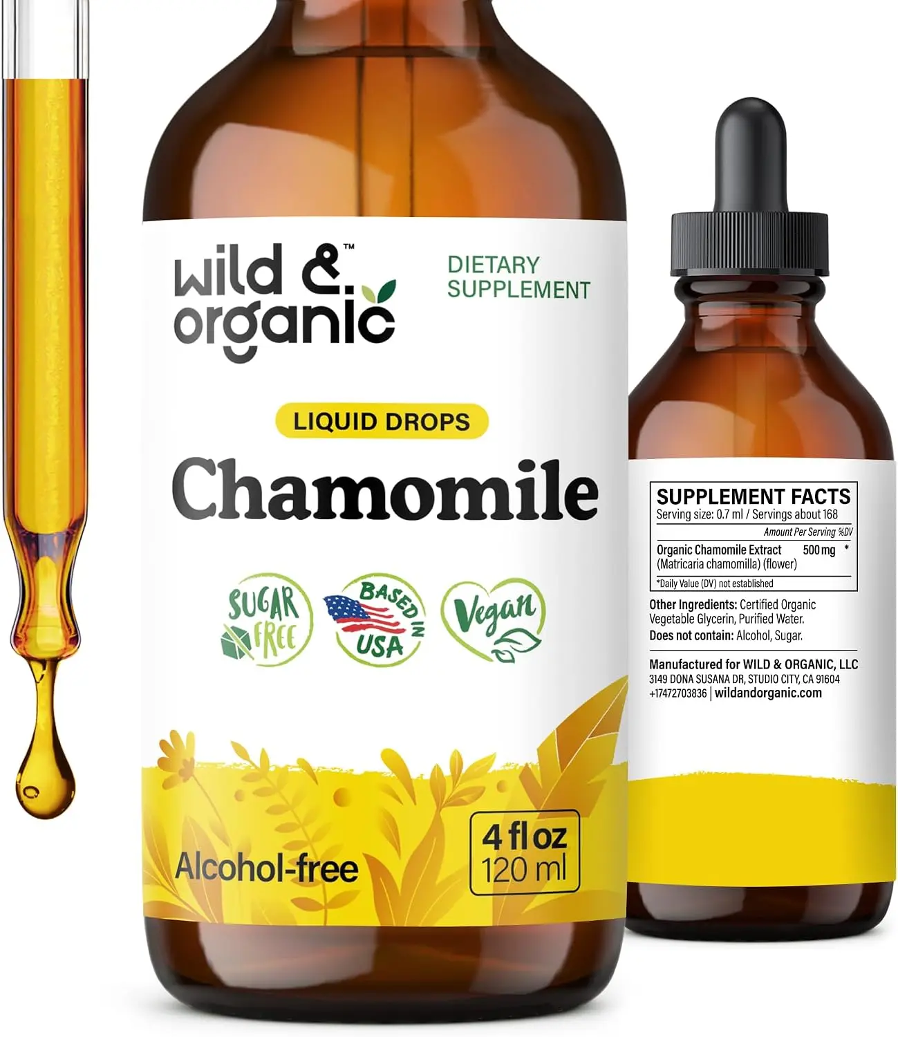 Wild & Organic's Chamomile Tincture - Relaxing & Calming Liquid Flower Extract Drops - Vegan, Sugar & Alcohol-Free - Healthcare, Natural, Fitness, Dietary, Edible