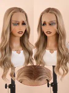 Layered Bangs Wave Curl Wig, Medium Length Synthetic Lace Front Wig, Highlights, Heat Resistant, Natural Hairline, 22 Inches, Layered Wigs