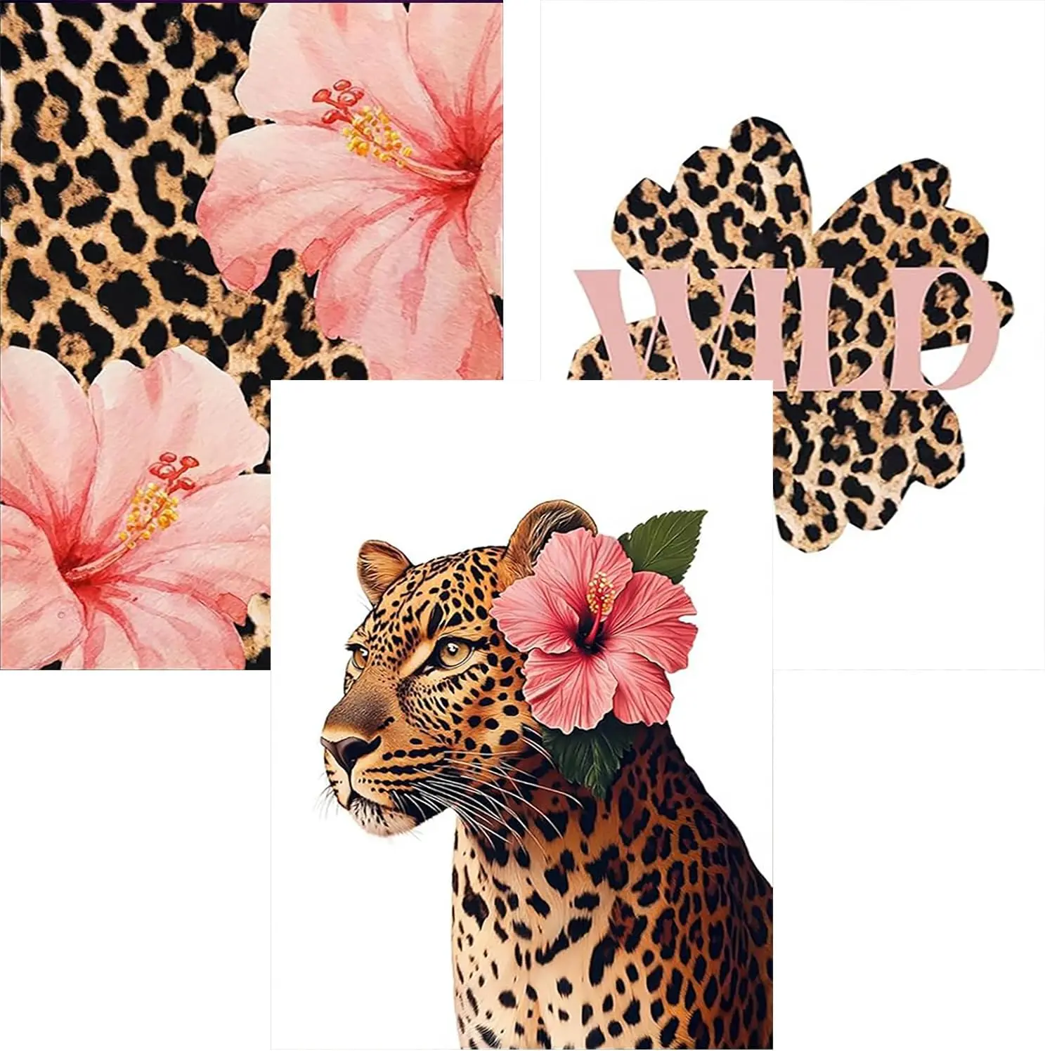3 Pack 5D Diamond Painting Kit Boho Wild Leopard Print Cheetah Portrait Pink Hibiscus Flower Minimal Neutral Fashion Tropical Crystal Rhinestone Wall Decor Gift
