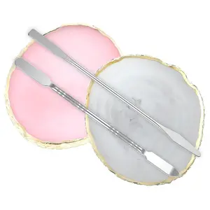2Pcs Resin Nail Art Palette, Nail Painting Mixed Color Palette Polish Palettes with Stainless Stirring Rod Art Painting Mixed Color Palettes with Spatula Gilded Edge Mixing Tray (Pink+Grey)