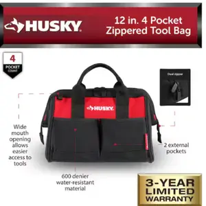 Husky 12 in. Zippered Tool Bag – 600D Water-Resistant, 4 Pockets