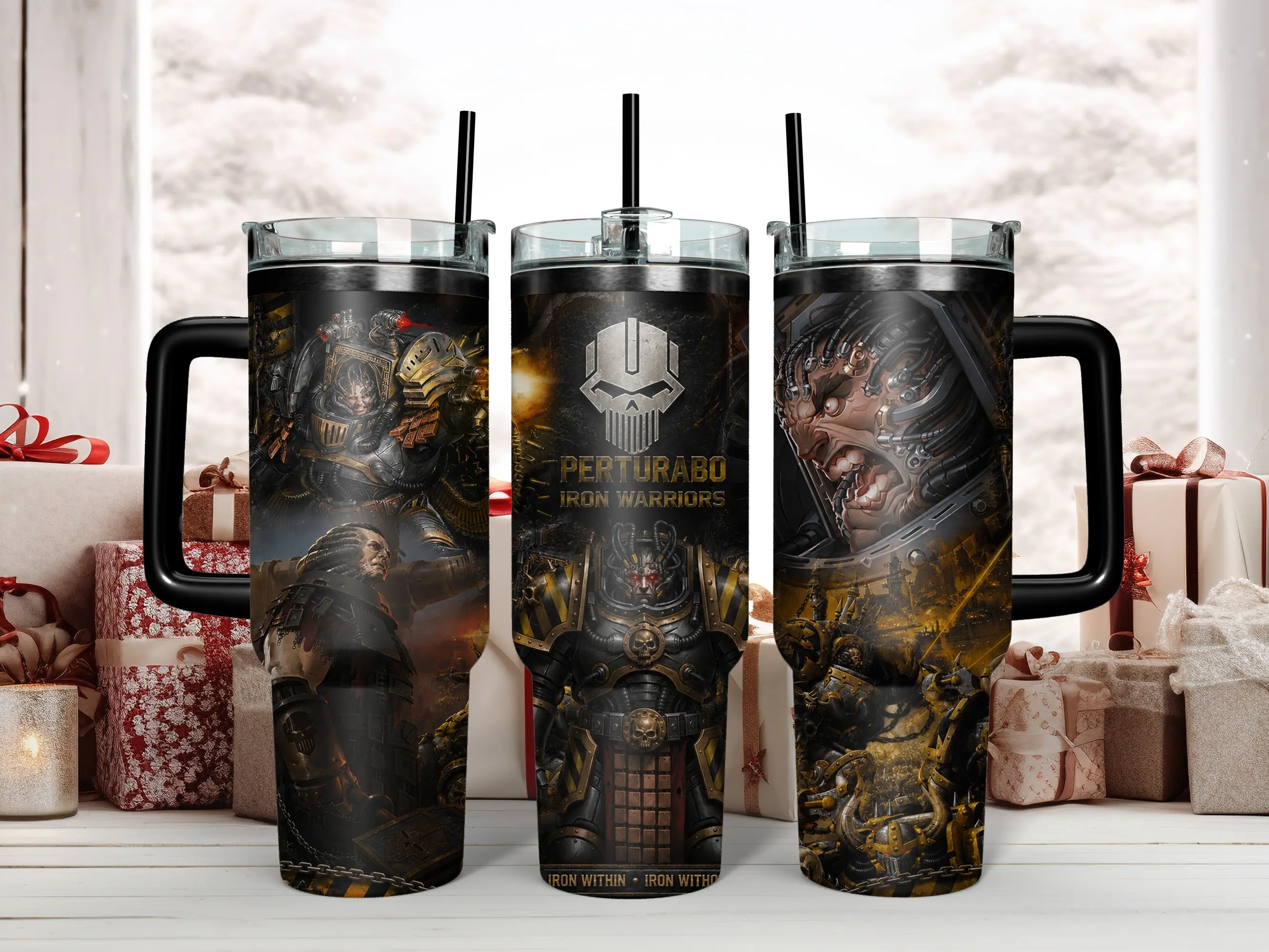 Warhammer 40K Perturabo Primarch of the Iron Warriors 40oz Insulated Stainless Steel Tumbler - Epic Chaos Space Marine 'Iron Within' Art Travel Mug with Handle & Straw - Perfect Grimdark Gift for Tabletop Gamers