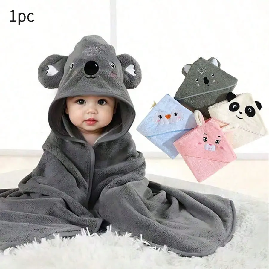 Baby Hooded Bathrobe, Cute Cartoon Animal Design, Soft Coral Fleece, Skin-Friendly, Infant Toddler Newborn Towel Wrap, 1pc