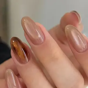 Amber Tortoiseshell Press On Nails, Nude Brown Almond Nails with Glossy Jelly Marble Accent, Handmade Reusable Elegant Nail Set