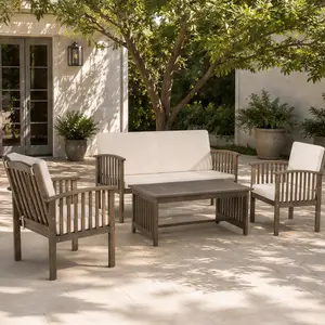 ARCH 4-Piece Acacia Wood Outdoor Chat Set with Water-Resistant Cream Grey Cushions, Loveseat, 2 Club Chairs, Coffee Table for Patio, Garden, Backyard, Porch, Poolside Conversation Furniture, Grey+Cream Color Options, Wood Material