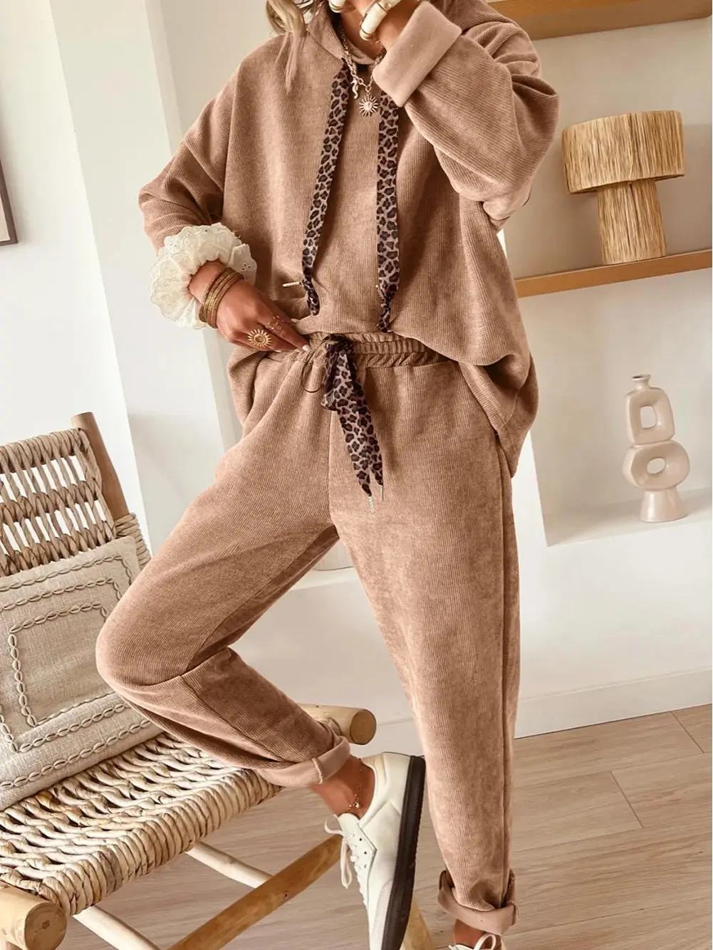 Women's Leopard Corduroy Two Piece Set, Drawstring Pullover Hoodie and High Waist Relaxed Fit Pants Casual Matching Set