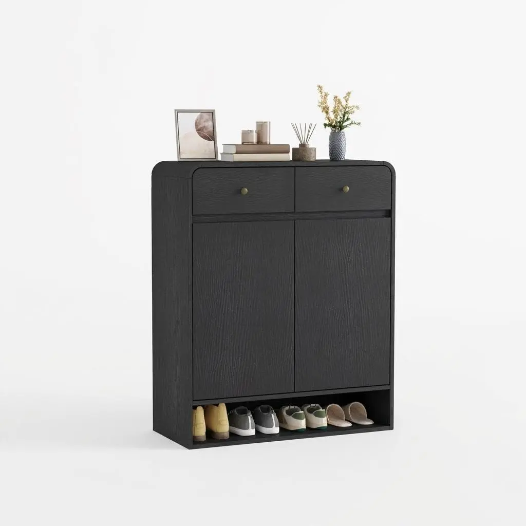 GARVEE Narrow MDF Shoe Cabinet, 80×35×97.5 cm Slim Entryway Organizer with Adjustable Shelves, 2 Drawers, Anti-Tip Design, Modern Storage for Living Room, Hallway, Black