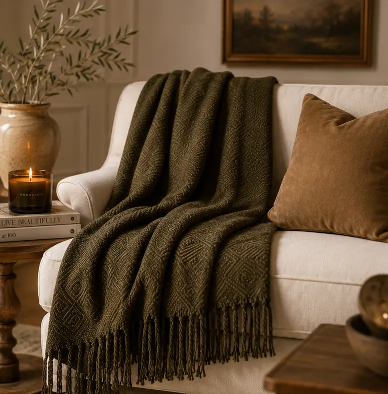 Hand-loomed Military Green Alpaca throw blanket