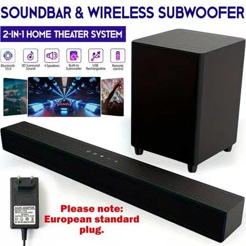 60W Bluetooth Soundbar with Subwoofer - TV Soundbars for Smart TV, Bass Boost, PVC Plastic, BT/AUX/USB Connectivity, Mic Input for Computers, Mobile, PC and Laptop