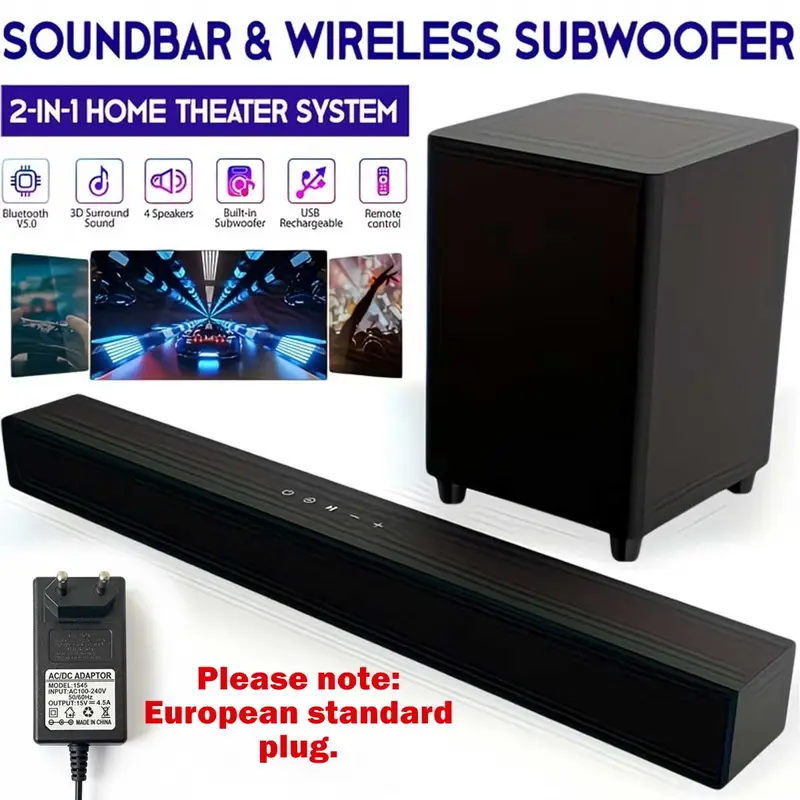 60W Bluetooth Soundbar with Subwoofer - TV Soundbars for Smart TV, Bass Boost, PVC Plastic, BT/AUX/USB Connectivity, Mic Input for Computers, Mobile, PC and Laptop