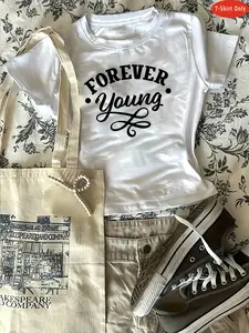 Women's "forever Young" Print Round Neck Tee, Casual Short Sleeve Crew Neck T-Shirt for Daily Wear, Ladies Clothes for All Seasons, Top