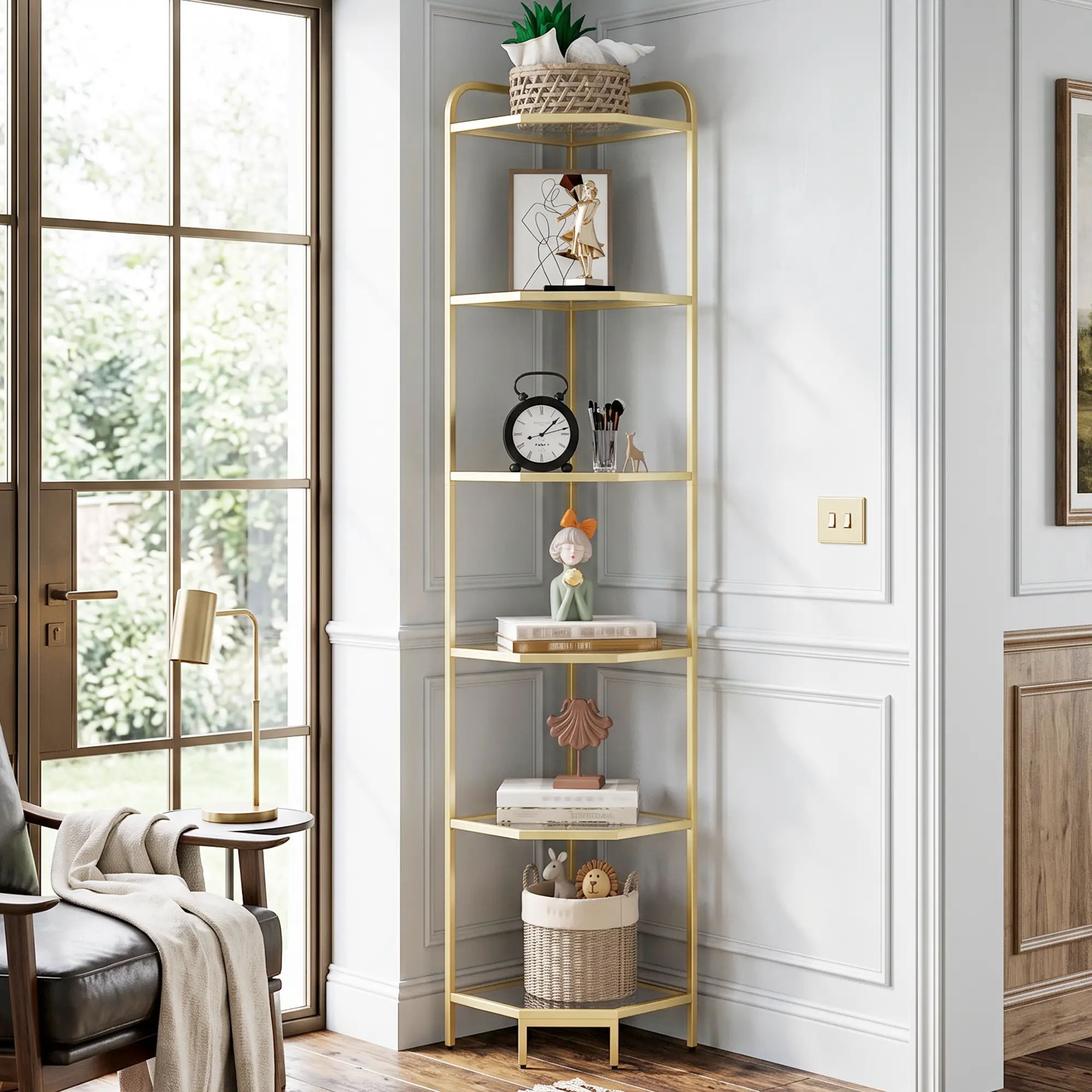 Hzuaneri Modern Corner Shelf Stand - Steel Frame Tempered Glass Shelves, Decor for Home Library Book Nook, Multi-Functional Organizer for Bookworm Lifestyle (Living Room, Bathroom), Corner-Mounted Living Room Furniture