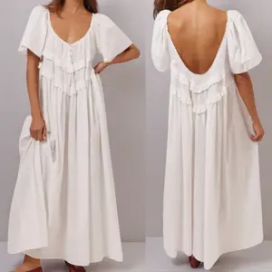 Women's White Cotton Maxi Dress, Flowy Short Sleeve U-Neck Ruffle Tiered Casual Long Dress for Summer Beach Vacation Loose