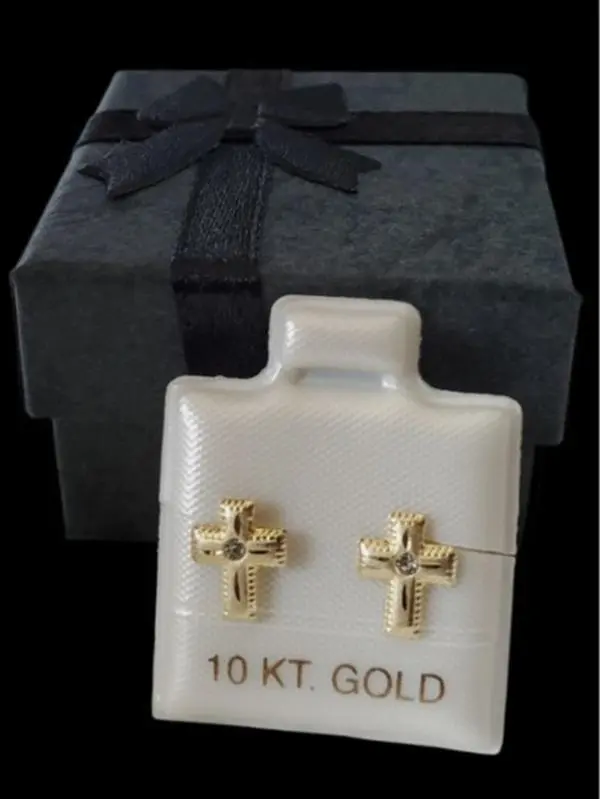 Share 10K Solid Gold Textured Cross CZ Stud Earrings 9.5mm Small Religious Earrings