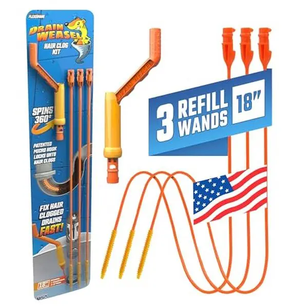 FlexiSnake Drain Weasel Drain Auger Tool Kit - 18-in Flexible Hair Clog Remover for Sink, Bathroom Bathtub Pipes, Made in The USA, with Removable Handle and 3 Pack Wand Refills