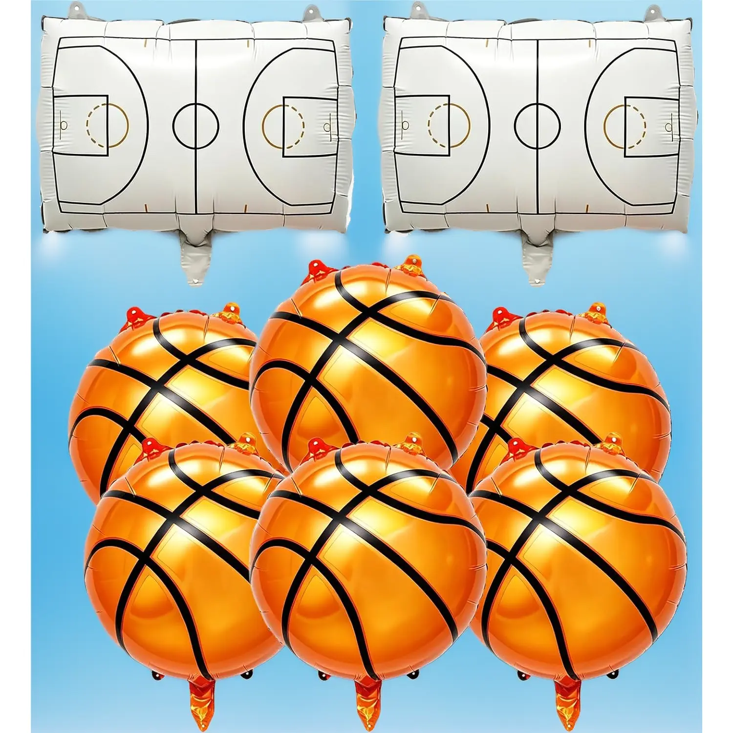 Sports Theme Foil Balloons, 8 Pack 18-Inch Basketball and Court Balloon Set for Boys' Birthday Party Supplies, Sporty Protective Gear, Happy Birthday, Party Decor