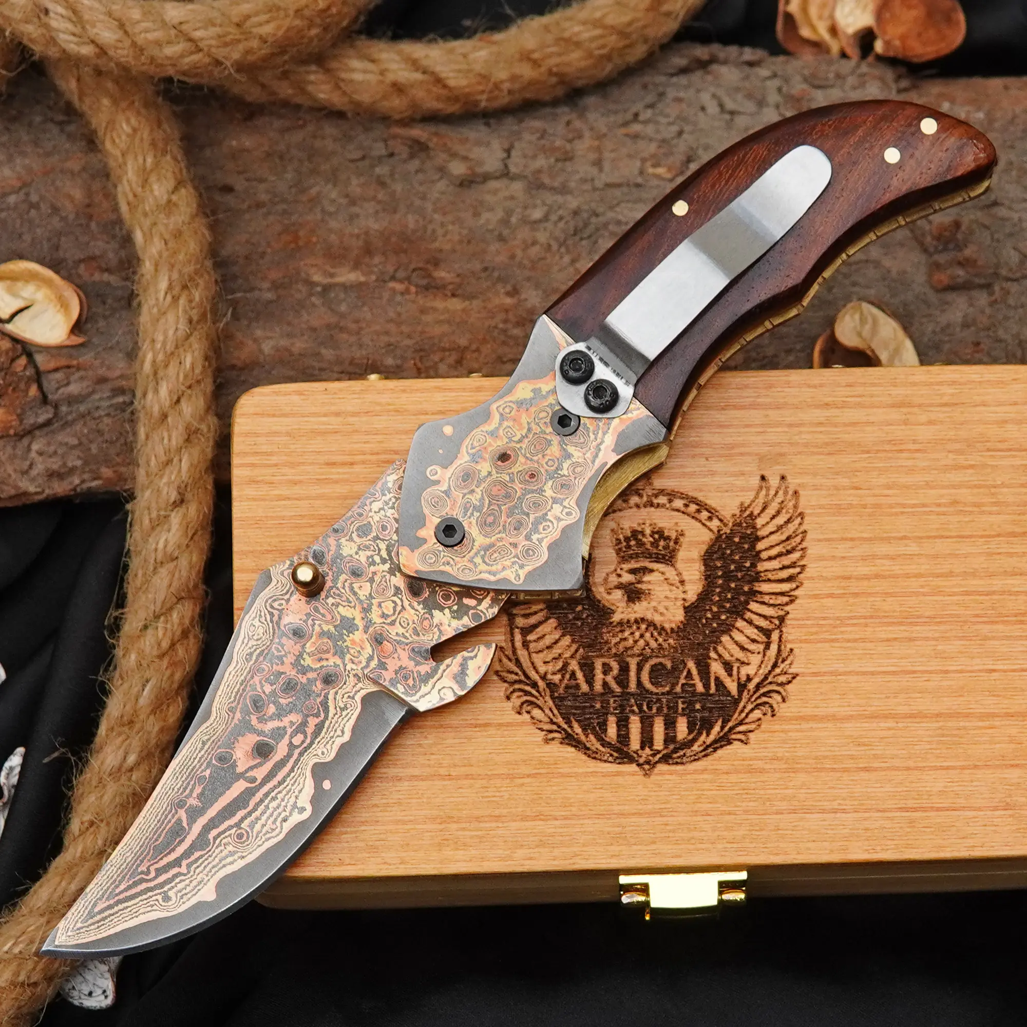 Handmade Copper Damascus Folding Pocket Knife with Rosewood Handle, Forged Outdoor Knife Gift for Him, Father or Husband