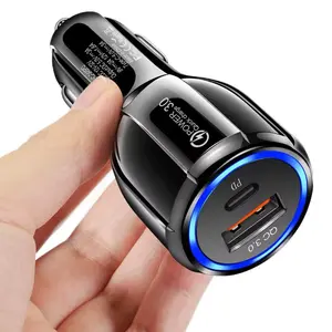Dual USB Car Charger QC 3.0 Fast Charging with Blue LED Lighting for Smartphones Tablets iPhone Android Devices 12V-24V Vehicles