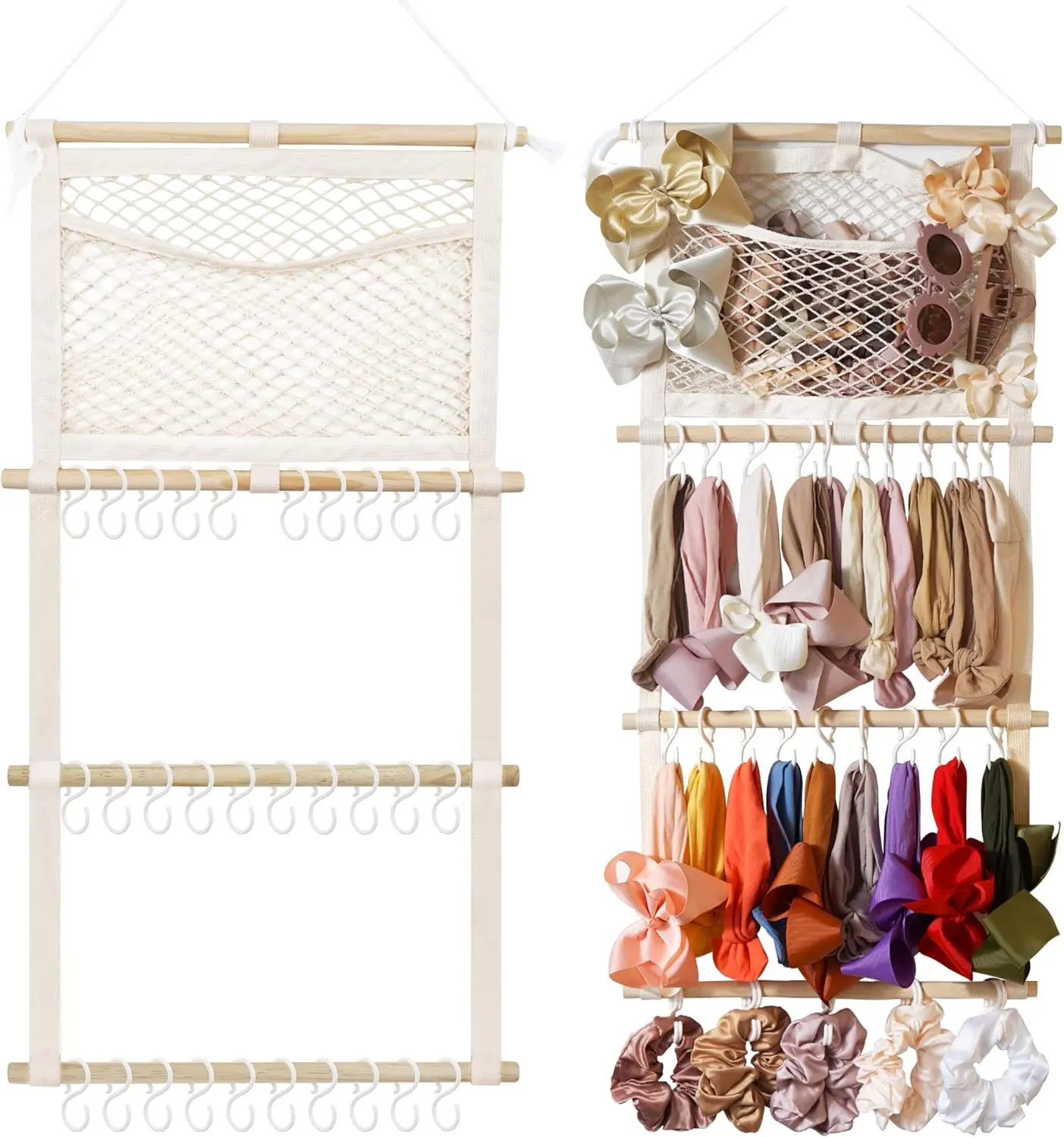 Wooden Hangable Headband & Hair Bow Organizer for Baby Girls, Large Capacity Wall-Hanging Room Accessories for Nursery Room Decor