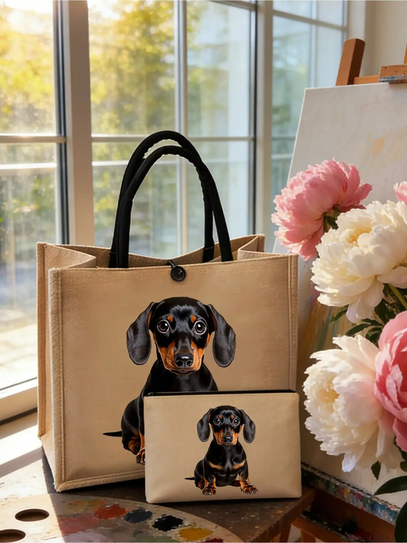 2pcs/Set Cute Dachshund Print Jute Tote Bag With Matching Pouch, Linen Handbag Set For Dog Lovers, Large Capacity Reusable Tote For Shopping, Beach, Work & Daily Use, Ideal For Storing Groceries, Books, Cosmetics & Essentials,