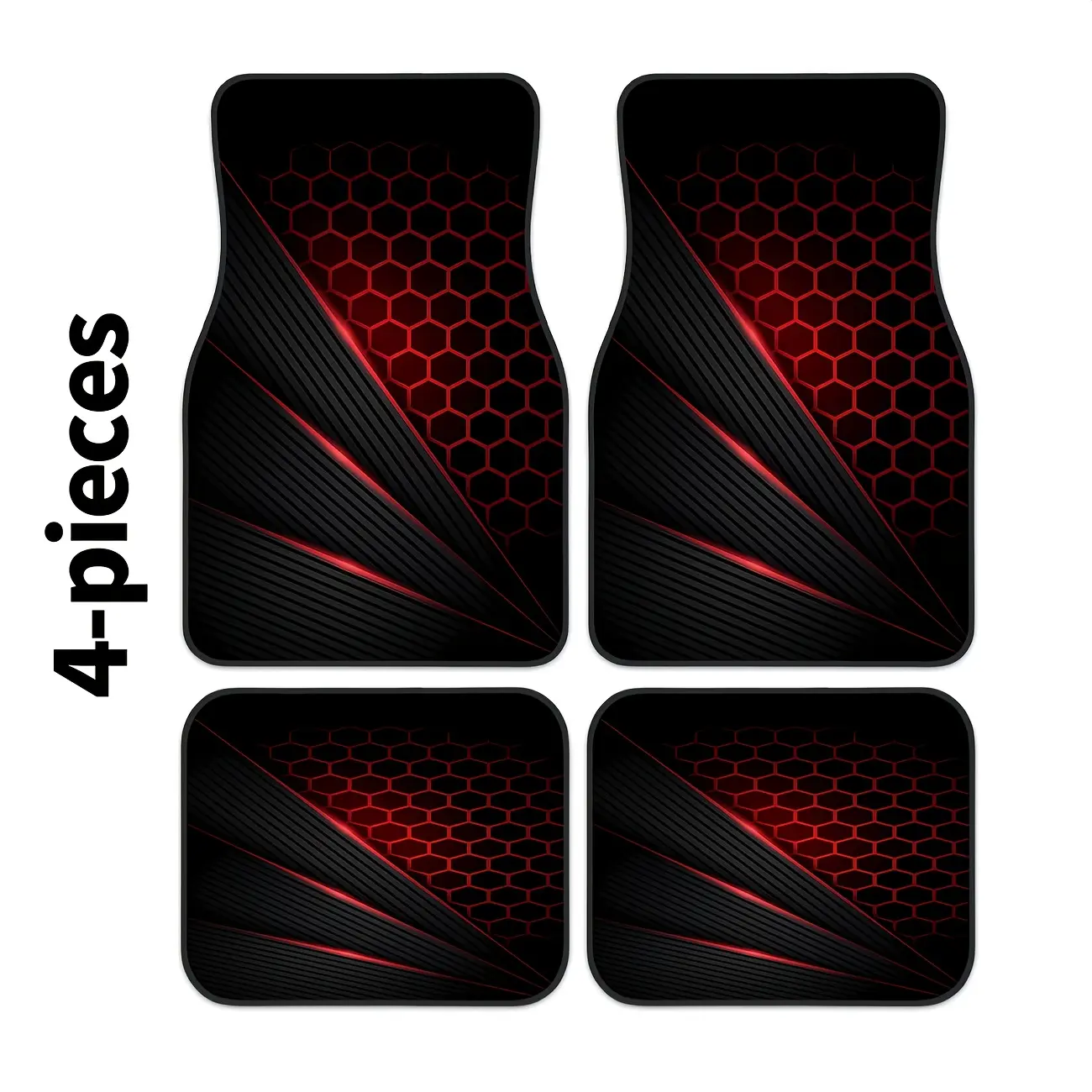 2D, 4-piece set of red and black geometric pattern trendy and fashionable car floor mats, suitable for all seasons, stylish and durable, easy to clean, suitable as a car accessory gift for all car models