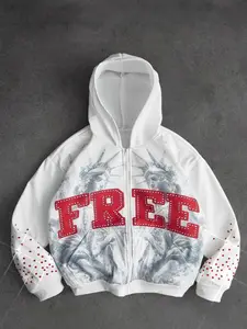Men's Y2K Long Sleeve Zip-Up Hoodie with Statue of Liberty Print & Rhinestone Accents Graphic Design Street Style
