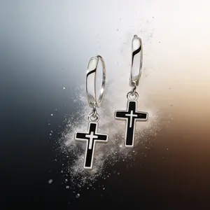 AELNEN Cross Charm Huggie Drop Earrings - Minimalist Silver Hoop Earrings with Black Accent Cross Pendant - Dainty Religious Jewelry