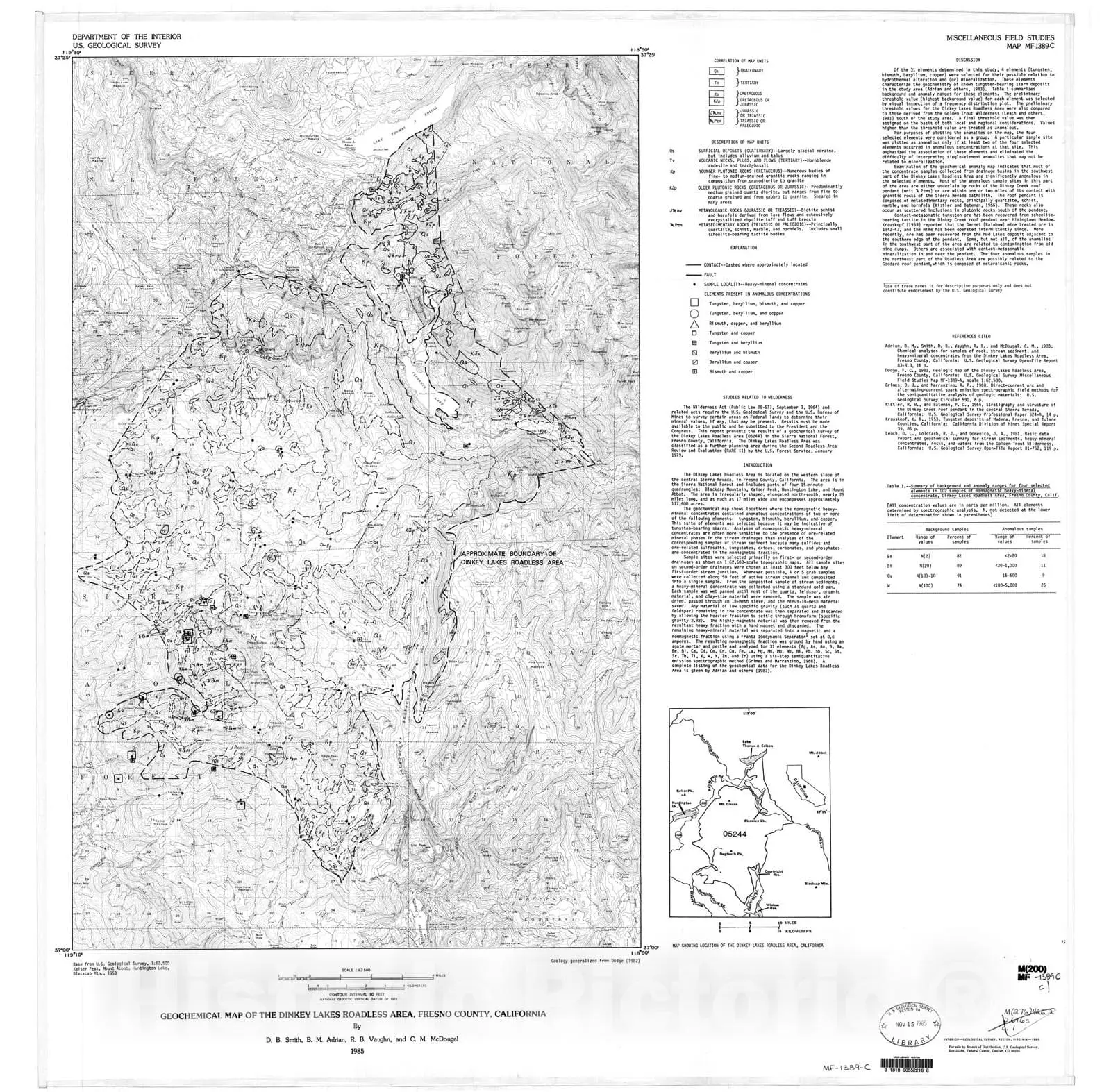 Dinkey Lakes Roadless Area, California - Bedrock Geologic Map, 1985