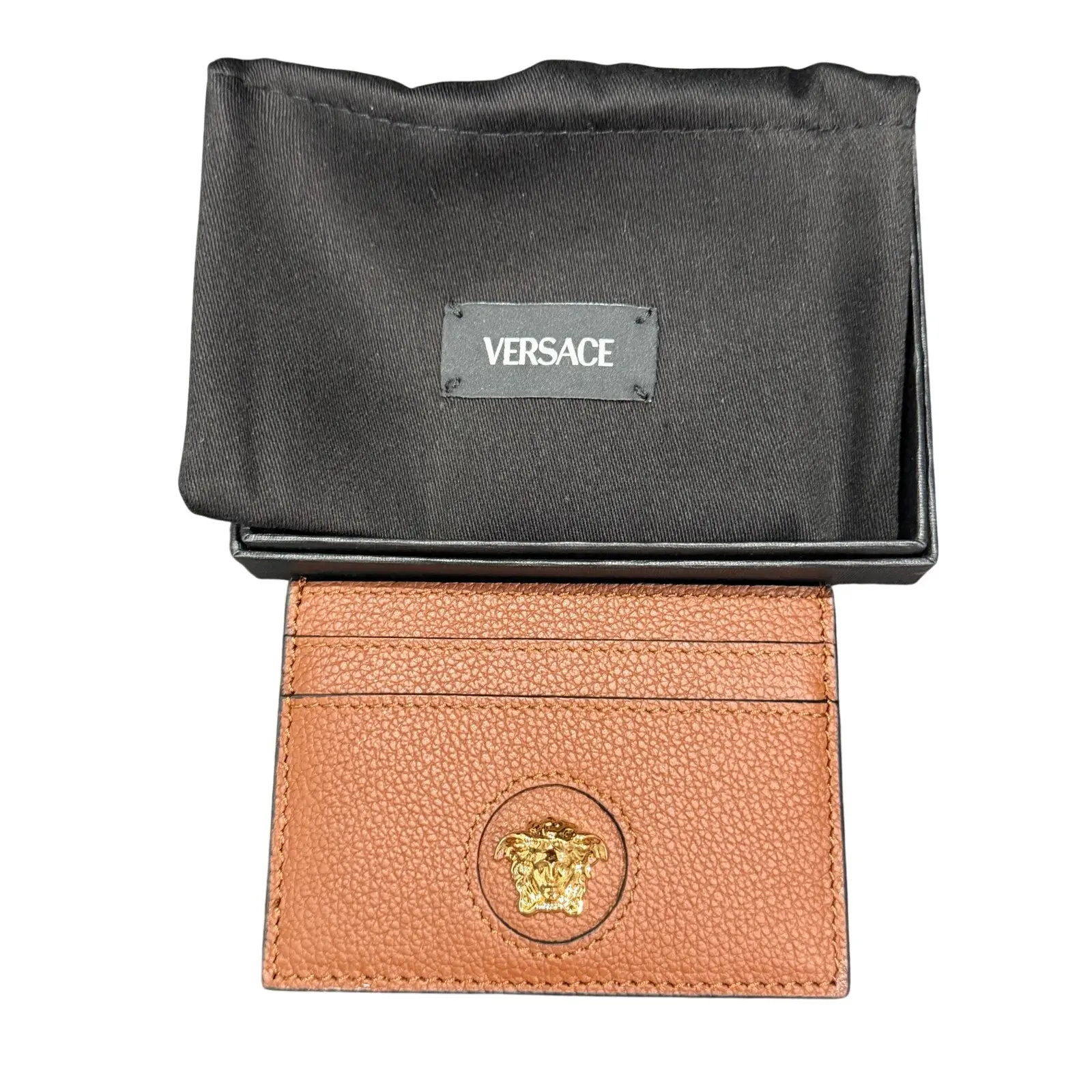 Pre-owned VERSACE Leather Small Leather Goods La Medusa Calf Card Holder Vintage, Minimalist Small Goods, Brown, Gold, 0.2 0.4 in, 2.8 Inches Height