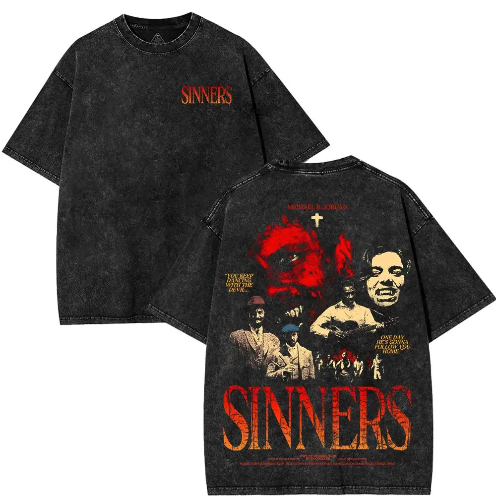 [COLLECTION] Sinners T-Shirt, Vintage Movie 2025 Unisex Horror Action Film Acid Washed Tee Oversized Cotton Graphic Tee Shirt, Men Gifts