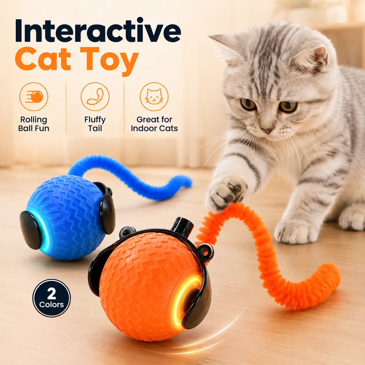 Interactive Cat Toy for Indoor Cats, Rolling Ball Toy with Fluffy Tail & Light-Up Design, Cat Enrichment Chase Toy for Kittens & Adult Cats cat stuff cat toy set