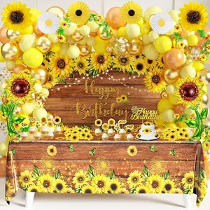 Sunflower Birthday Party Decoration Pack (including Backdrop, Tablecloth, Artificial Sunflowers and A Garland, Cake Topper, Balloon Garland Arch, Foil Balloon, Yellow Tissue Paper Flowers and Fans)-