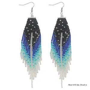 Women's Long Dangle Earrings: Handcrafted, Beaded, and Woven—Featuring a Gradient Blue-to-Black Seed Bead Tassel Design—Perfect for Street Style and Creating a Captivating "Vibe" for Photos