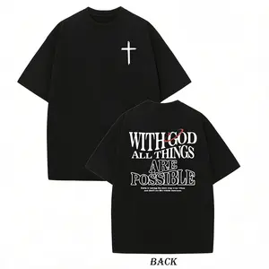 Men’s vintage washed cotton T-shirt — double-sided “With God All Things Are Possible” and cross print, loose hip-hop streetwear fit, crew neck short sleeves, casual tee for everyday wear, ribbed neckline, knit fabric.