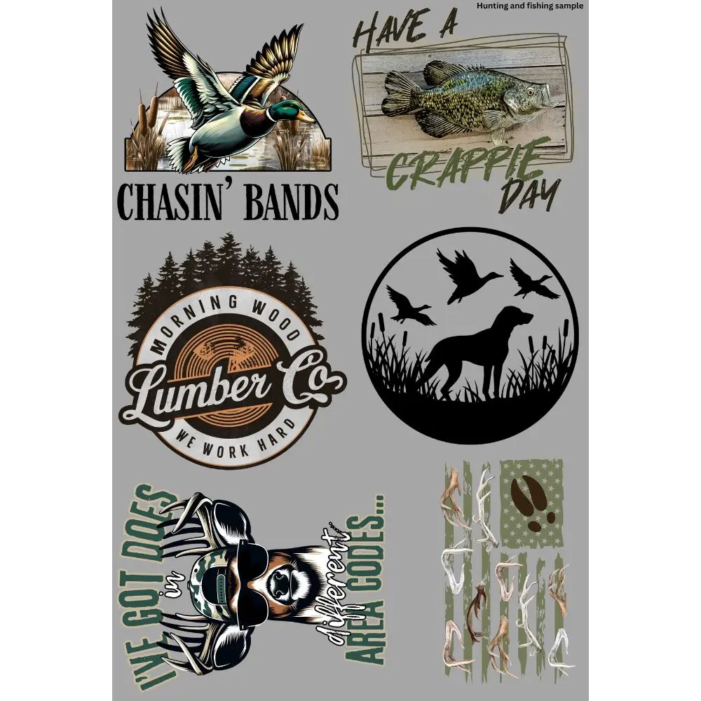 Hunting and Fishing Sample Gang Sheet  DTF Transfers Gang Sheet 24.5” wide x 36” long DIY Direct to Film T Shirt Transfers